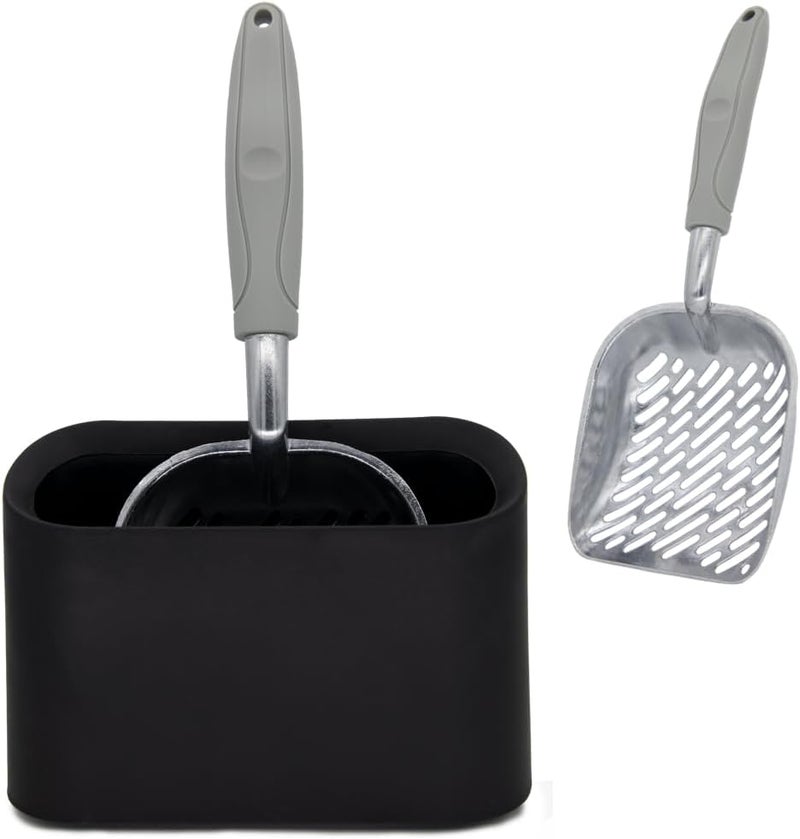 Vitisyao Metal Cat Litter Scoop with Holder, Aluminum Cats Litter Scooper Captures All Clumps, Heavy Duty Metal Kitty Scoopers with Holder, Cat Metal Scoop and Holder (Black) - Image 1